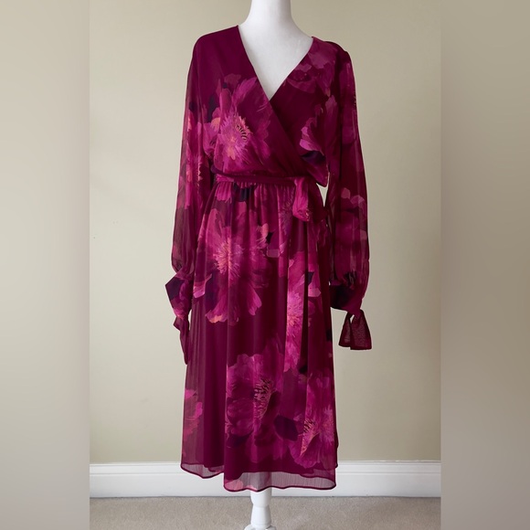 Calvin Klein Faux Wrap V-Neck Magenta Floral Print Long Sleeve Midi Dress 18W - Picture 5 of 10
